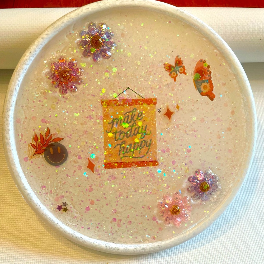 Hand Crafted Glitter Resin Jewelry Dish with Floral Accents